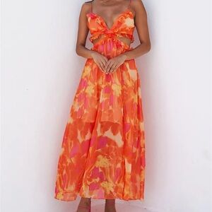 Hello Molly XL Luxe Resort Style Orange Pink Vibrant Floral Maxi Dress Worn Once